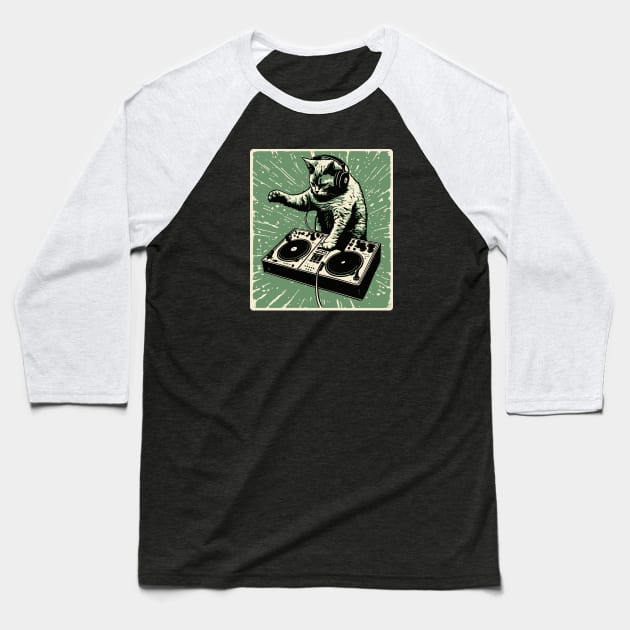 Cat DJ - Green Block Print - DJ Cat - Deadmau5 - Deadmouse Baseball T-Shirt by Barn Shirt USA